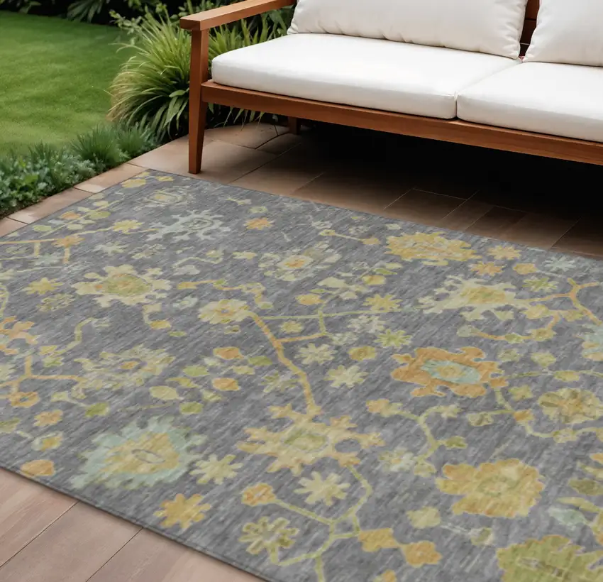 Gray And Gold Floral Washable Indoor Outdoor Area Rug Photo 2