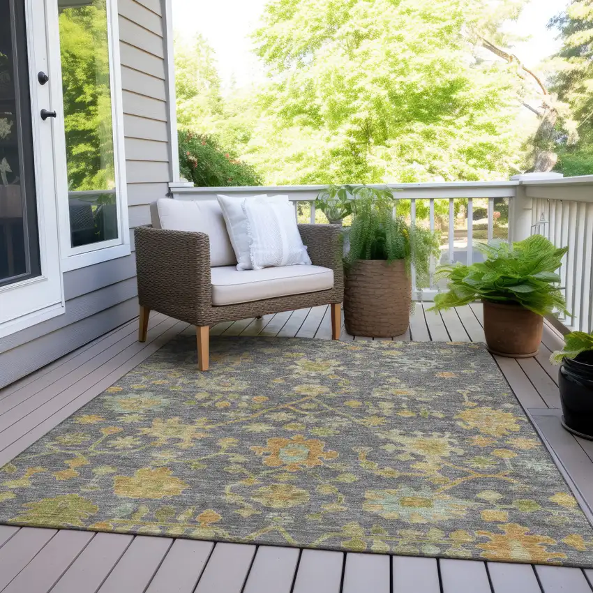 Gray And Gold Floral Washable Indoor Outdoor Area Rug Photo 8