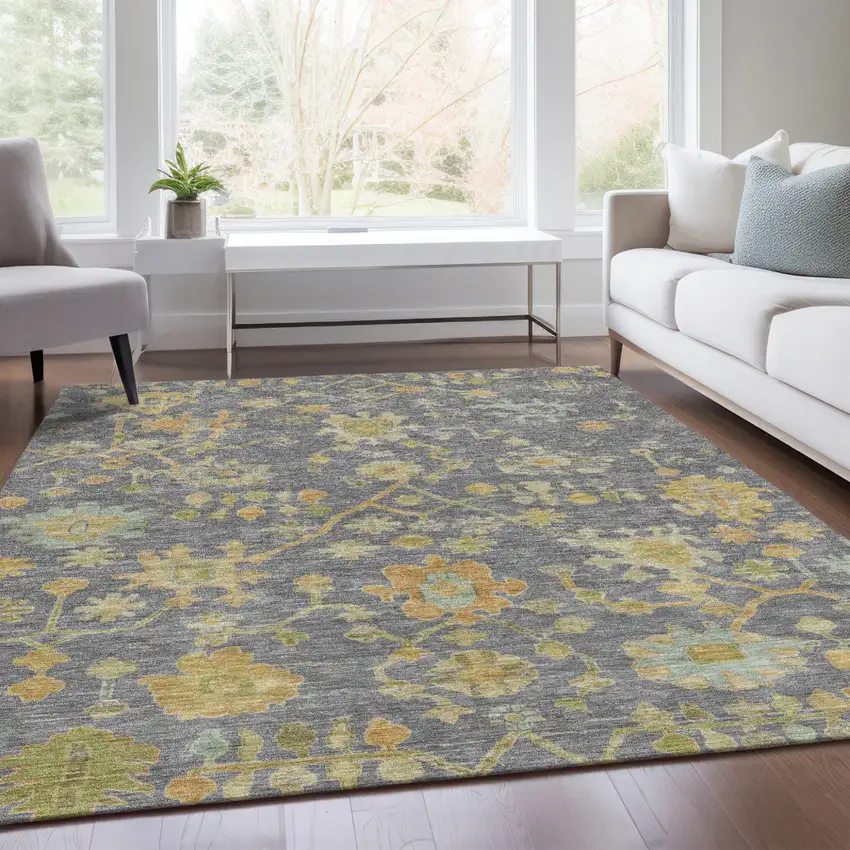 Gray And Gold Floral Washable Indoor Outdoor Area Rug Photo 7