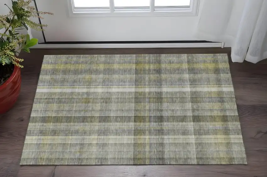 Gray And Gold Plaid Washable Area Rug With UV Protection Photo 2