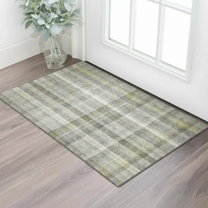 Gray And Gold Plaid Washable Area Rug With UV Protection Photo 1