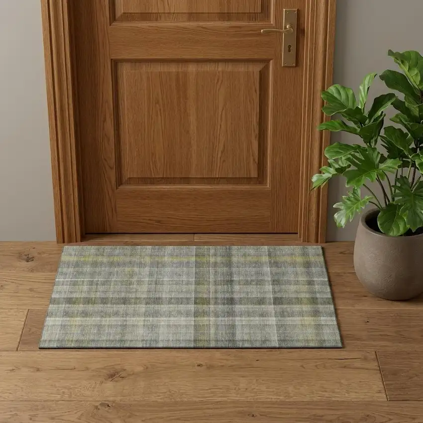 Gray And Gold Plaid Washable Area Rug With UV Protection Photo 1