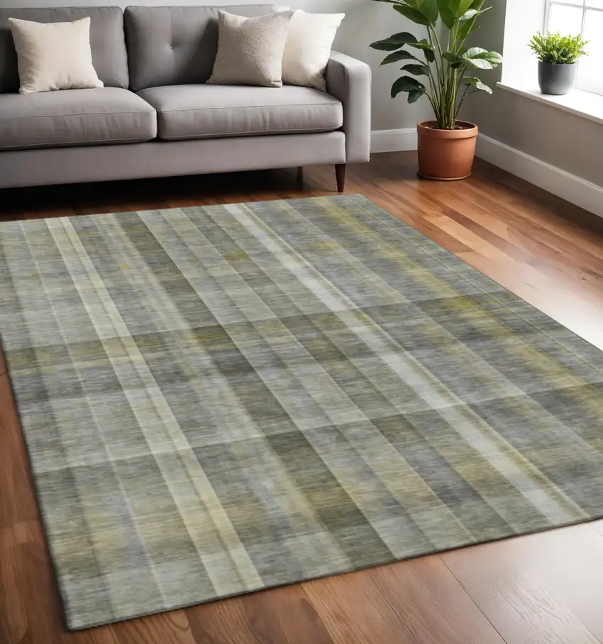 Gray And Gold Plaid Washable Area Rug With UV Protection Photo 2