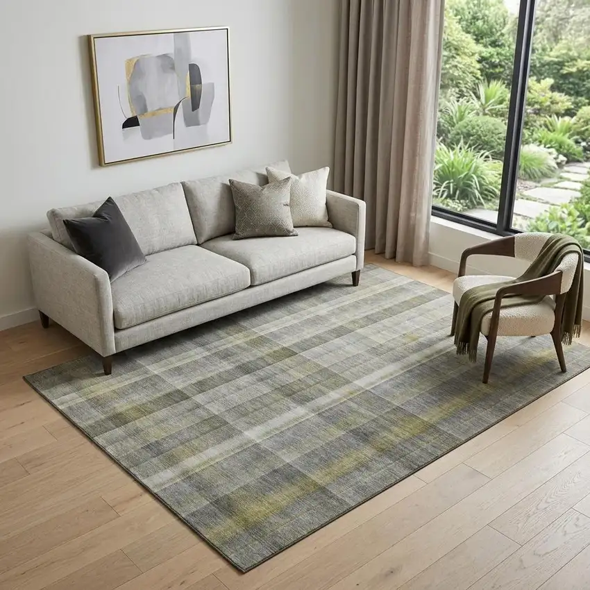 Gray And Gold Plaid Washable Area Rug With UV Protection Photo 1