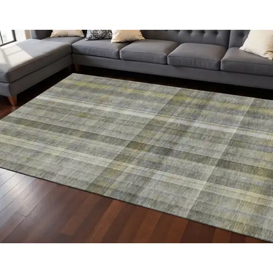 Gray And Gold Plaid Washable Area Rug With UV Protection Photo 2