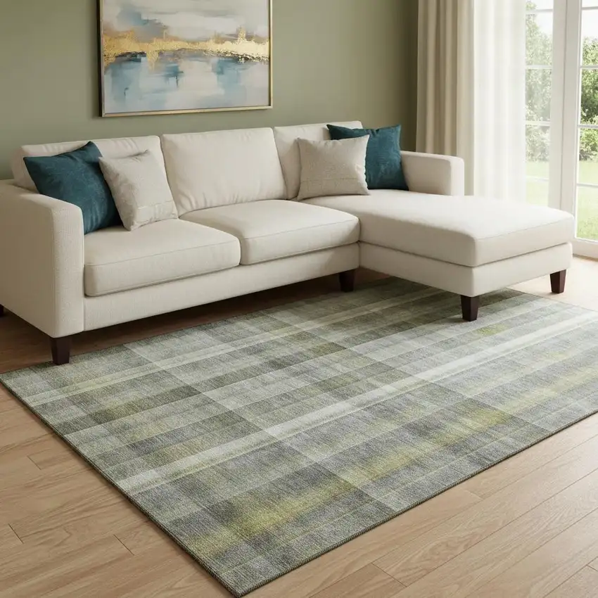 Gray And Gold Plaid Washable Area Rug With UV Protection Photo 1