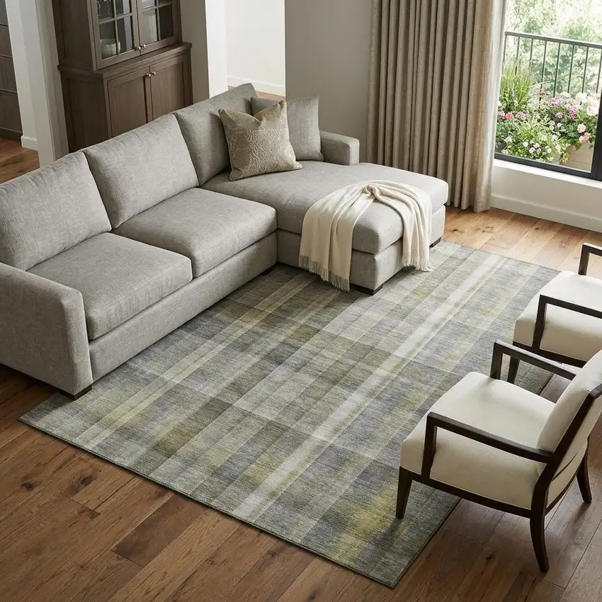 Gray And Gold Plaid Washable Area Rug With UV Protection Photo 1