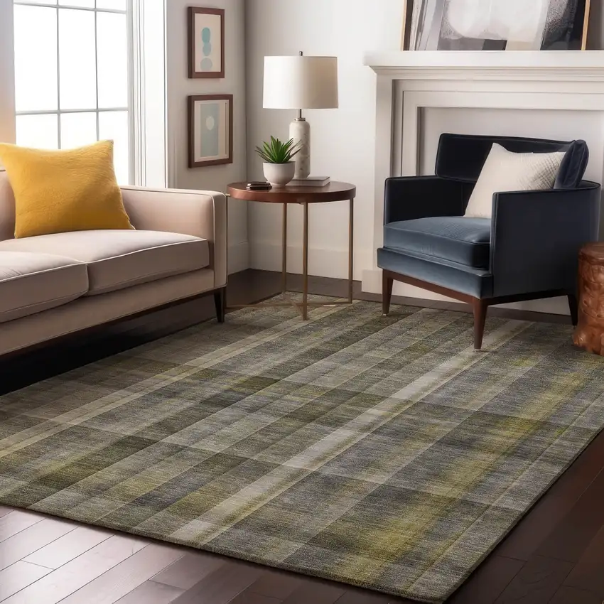Gray And Gold Plaid Washable Area Rug With UV Protection Photo 5