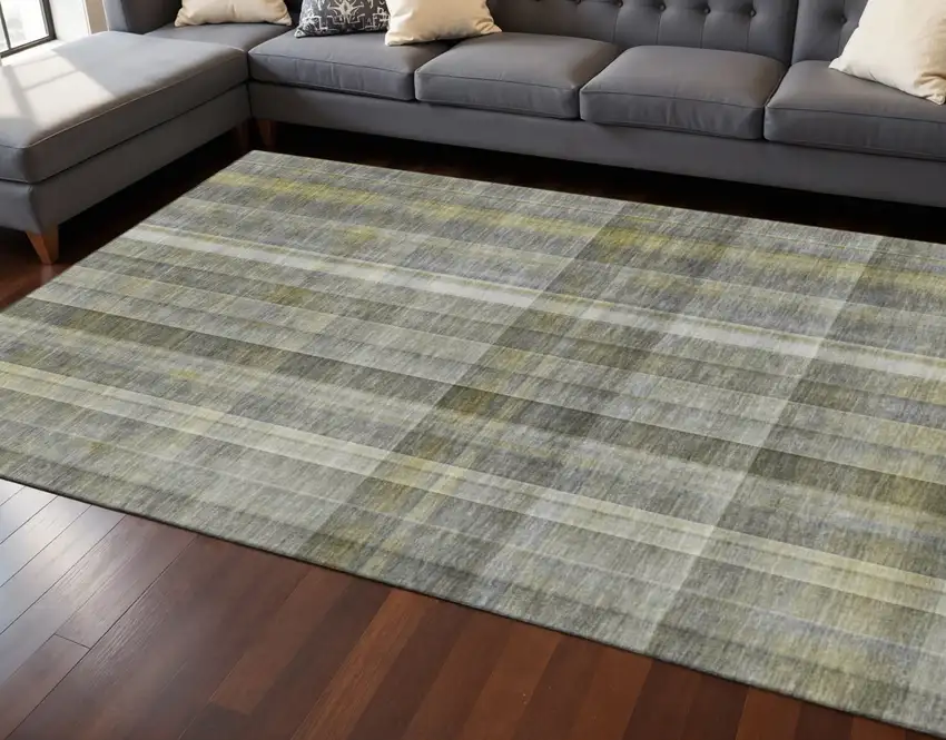 Gray And Gold Plaid Washable Area Rug With UV Protection Photo 2