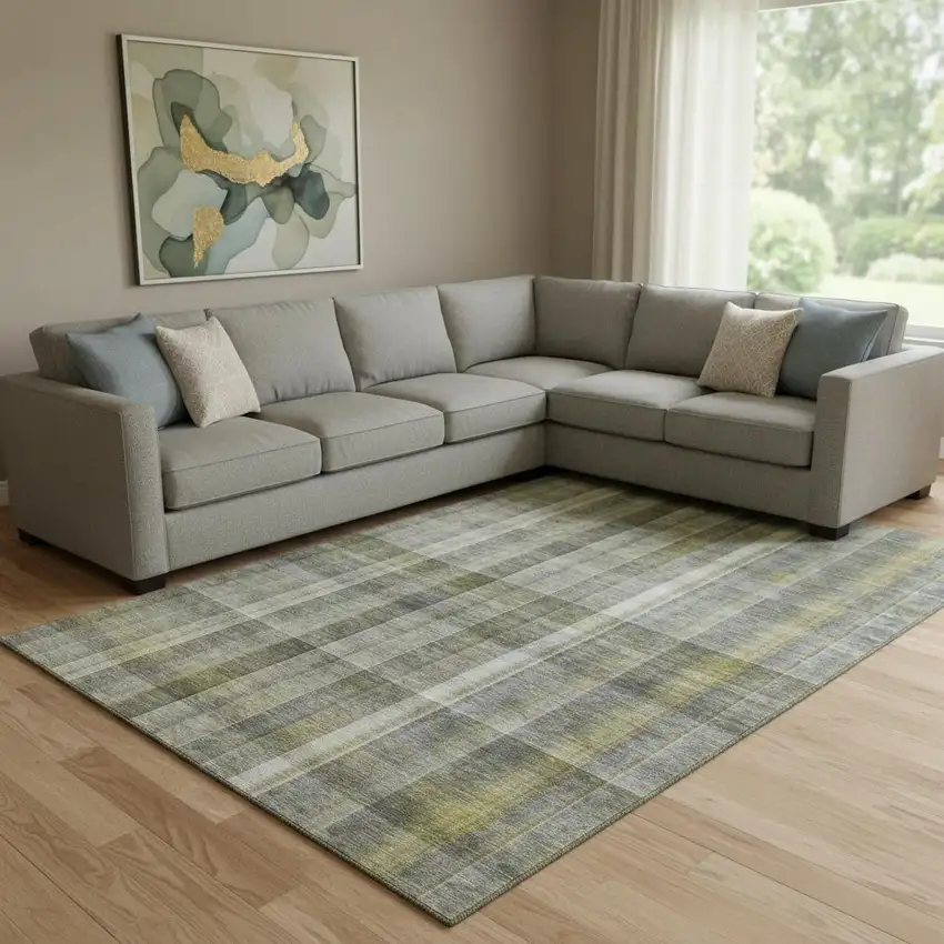Gray And Gold Plaid Washable Area Rug With UV Protection Photo 1
