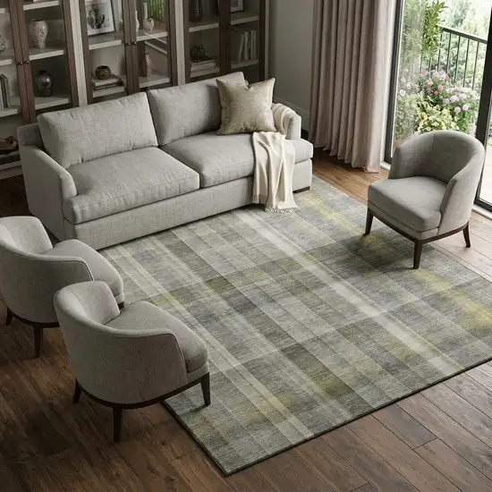 Gray And Gold Plaid Washable Area Rug With UV Protection Photo 1