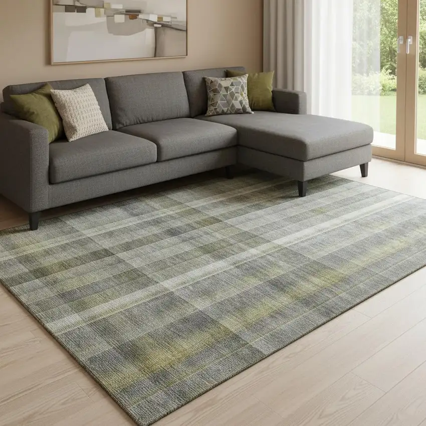 Gray And Gold Plaid Washable Area Rug With UV Protection Photo 1