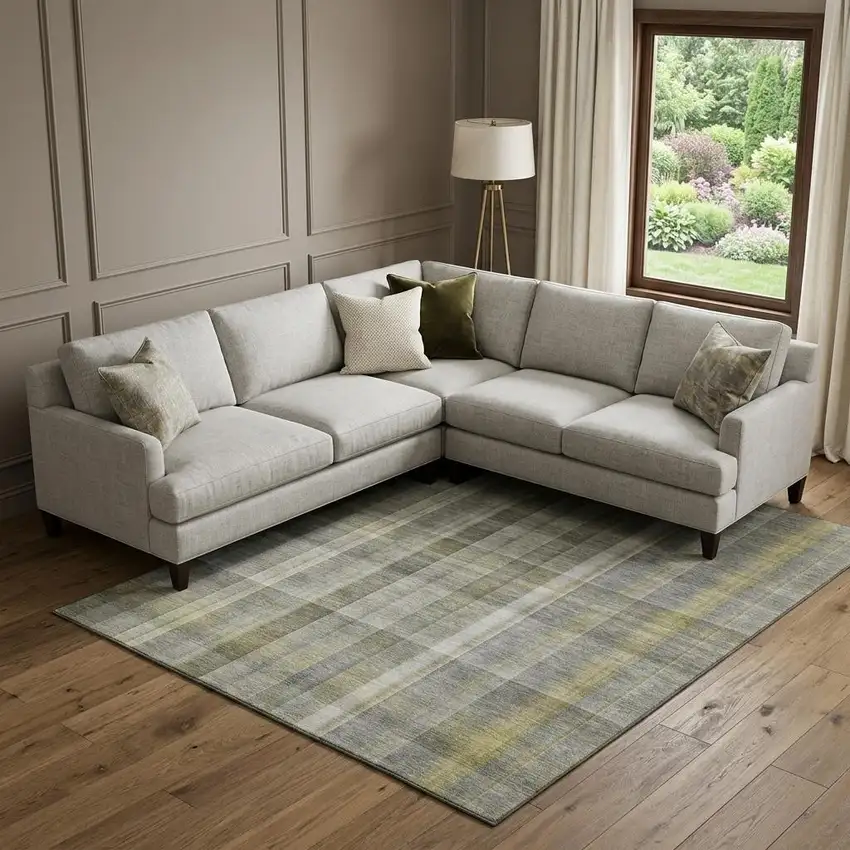 Gray And Gold Plaid Washable Area Rug With UV Protection Photo 1
