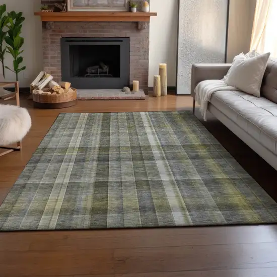 Gray And Gold Plaid Washable Area Rug With UV Protection Photo 5
