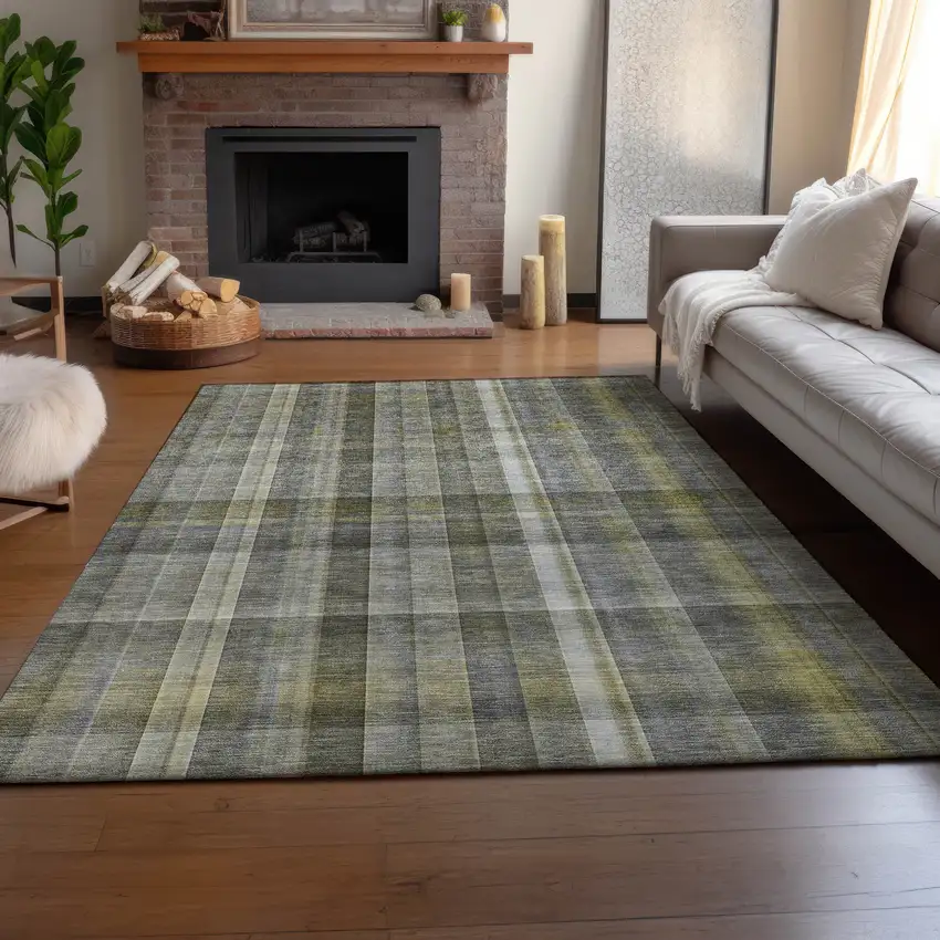 Gray And Gold Plaid Washable Area Rug With UV Protection Photo 5