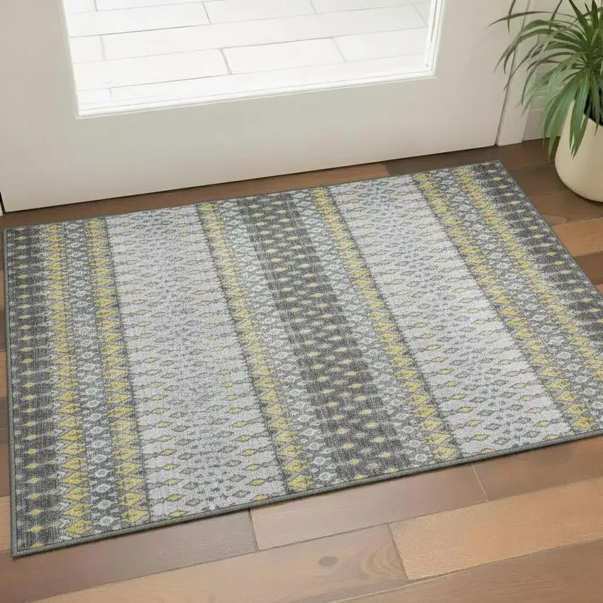 Gray And Gold Tribal Washable Area Rug With UV Protection Photo 1