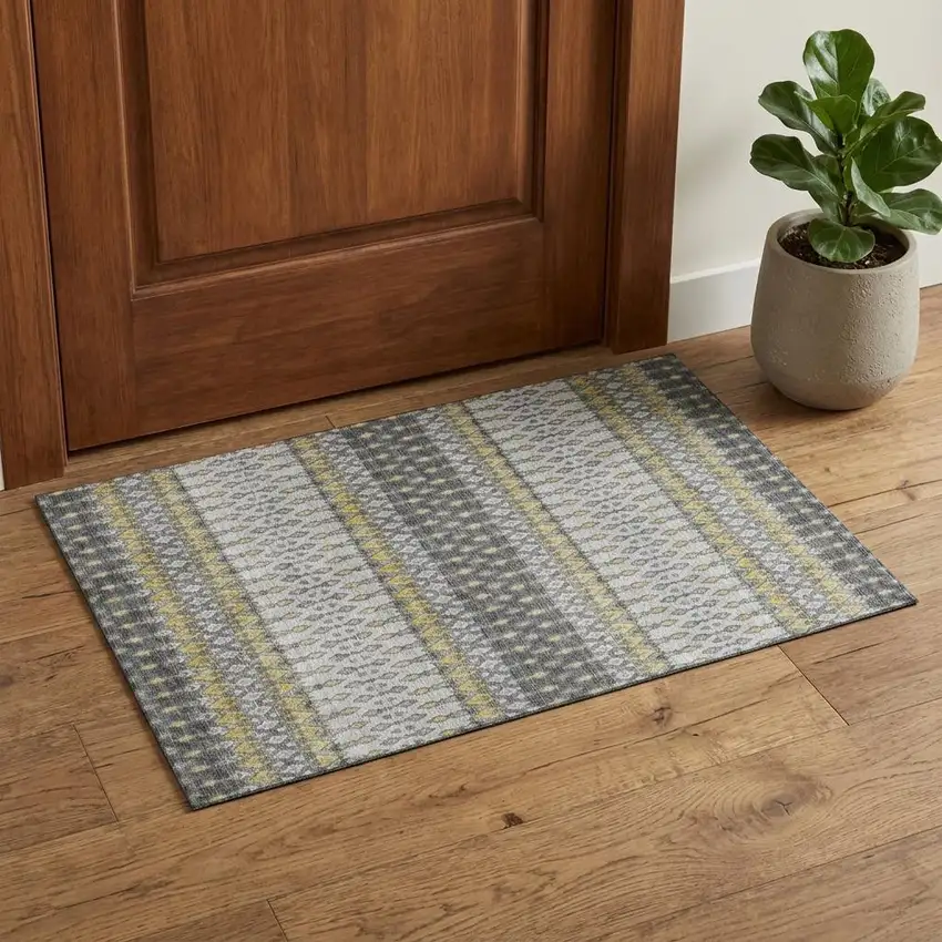 Gray And Gold Tribal Distressed Washable Area Rug With UV Protection Photo 1