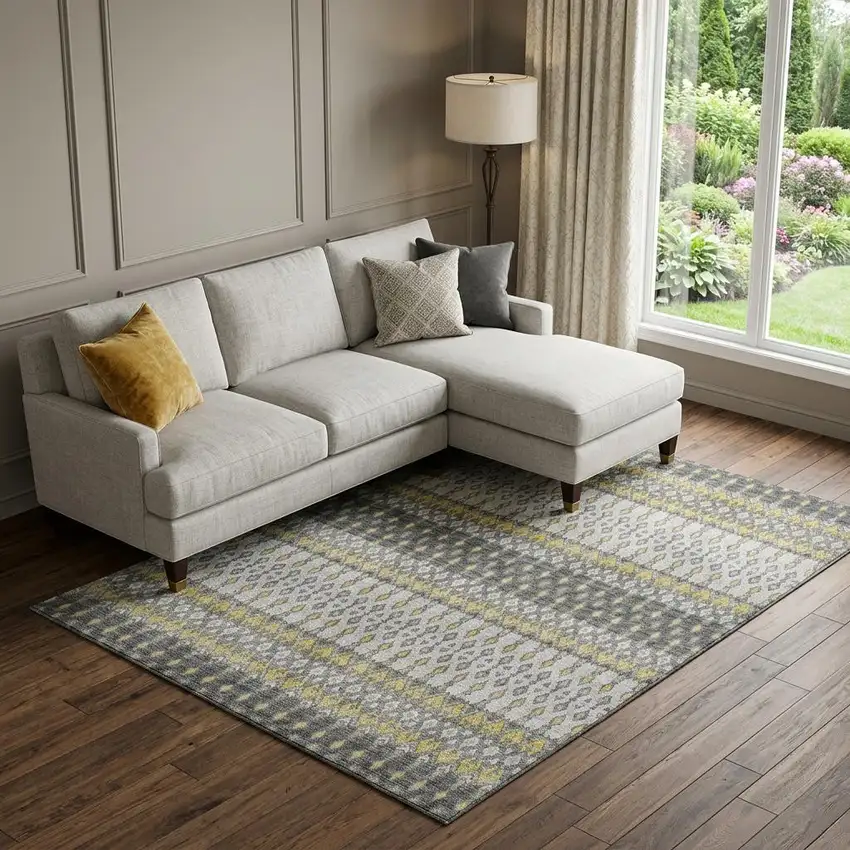 Gray And Gold Tribal Distressed Washable Area Rug With UV Protection Photo 1