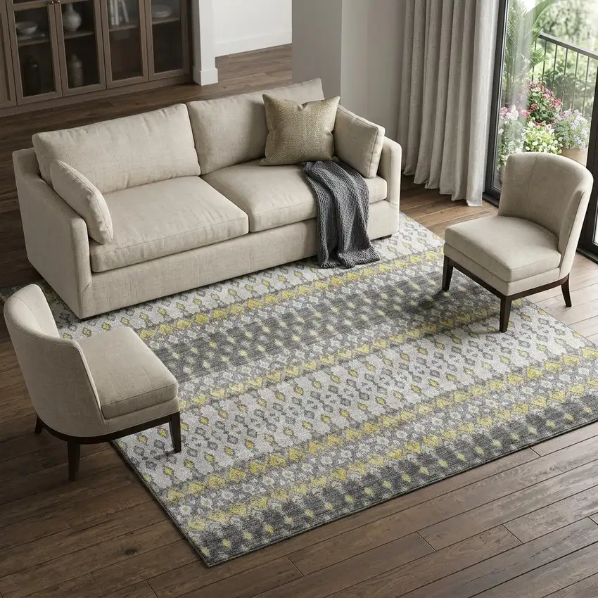 Gray And Gold Tribal Distressed Washable Area Rug With UV Protection Photo 1