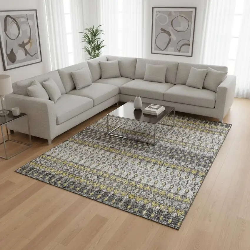 Gray And Gold Tribal Washable Area Rug With UV Protection Photo 1