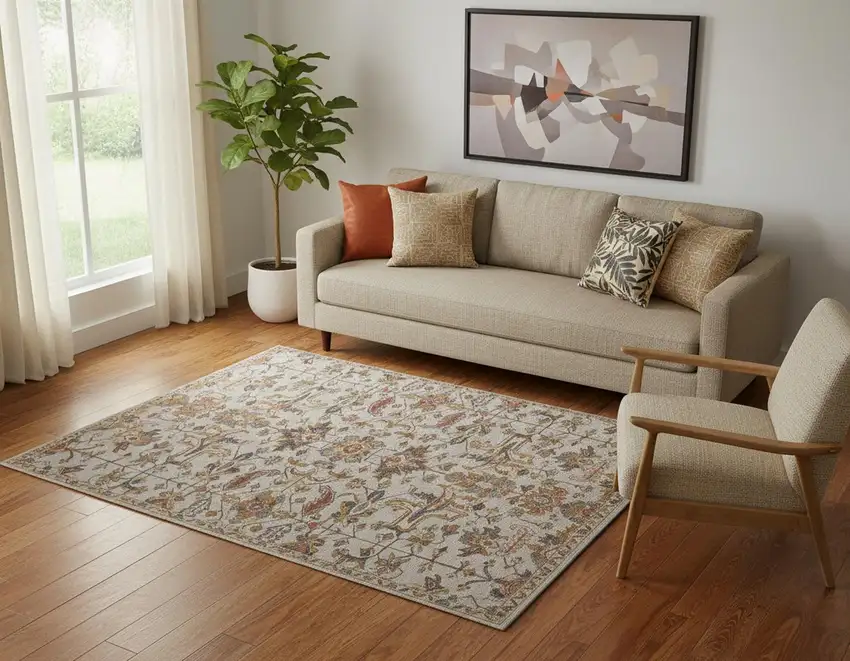 Gray And Gold Wool Floral Tufted Handmade Stain Resistant Area Rug Photo 1