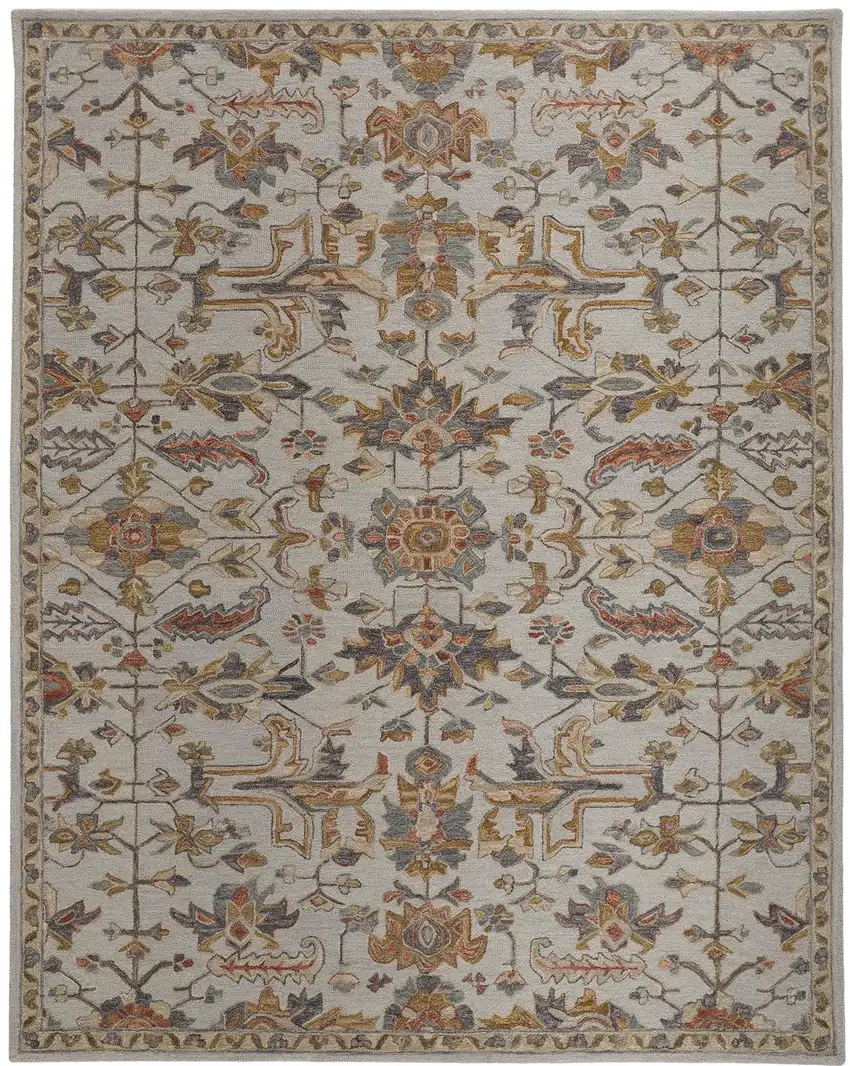Gray And Gold Wool Floral Tufted Handmade Stain Resistant Area Rug Photo 2