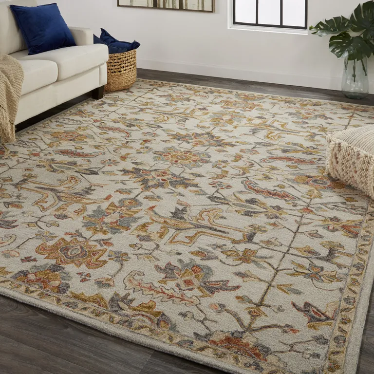 Gray And Gold Wool Floral Tufted Handmade Stain Resistant Area Rug Photo 5