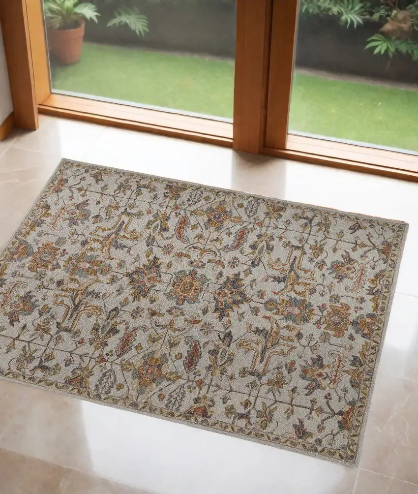 Gray And Gold Wool Floral Tufted Handmade Stain Resistant Area Rug Photo 1