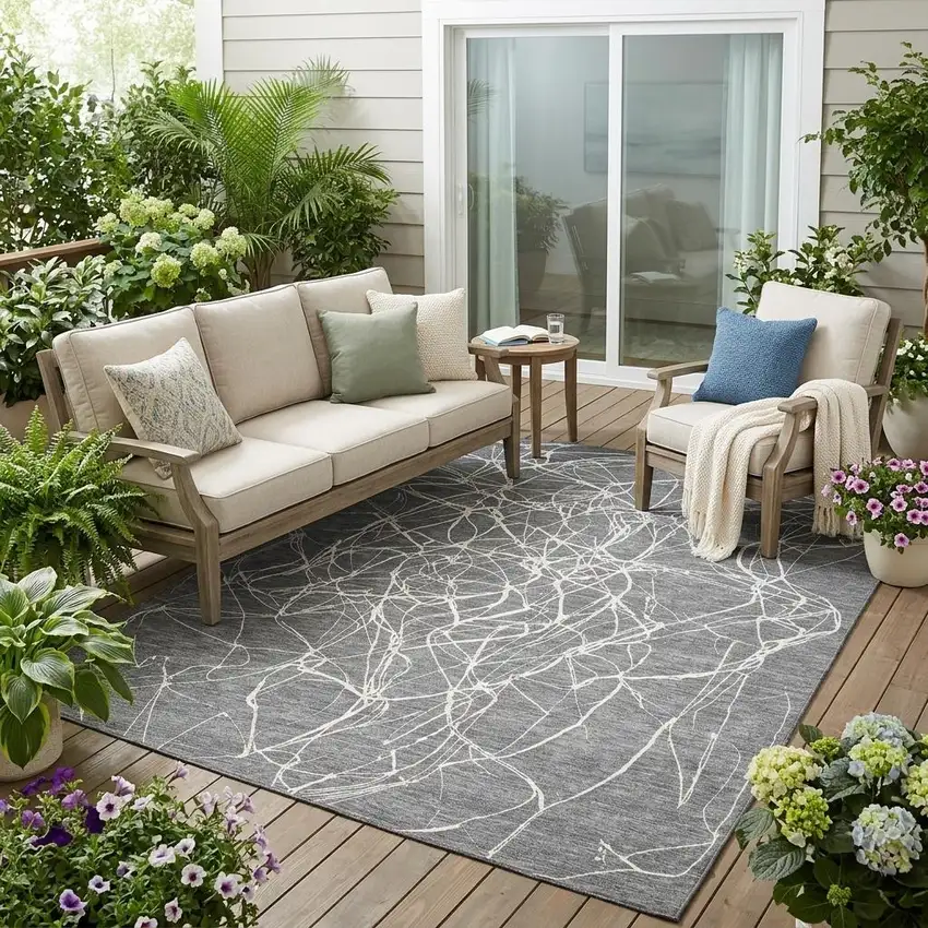 Gray And Graphite Abstract Washable Indoor Outdoor Area Rug Photo 1