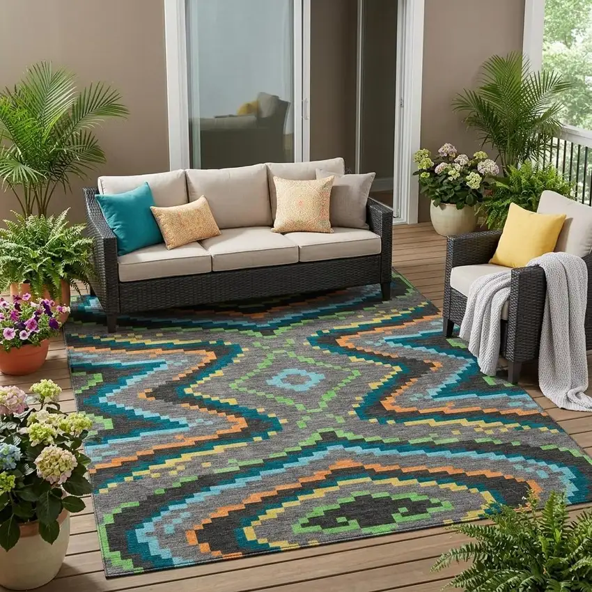 Gray And Graphite Abstract Washable Indoor Outdoor Area Rug Photo 1