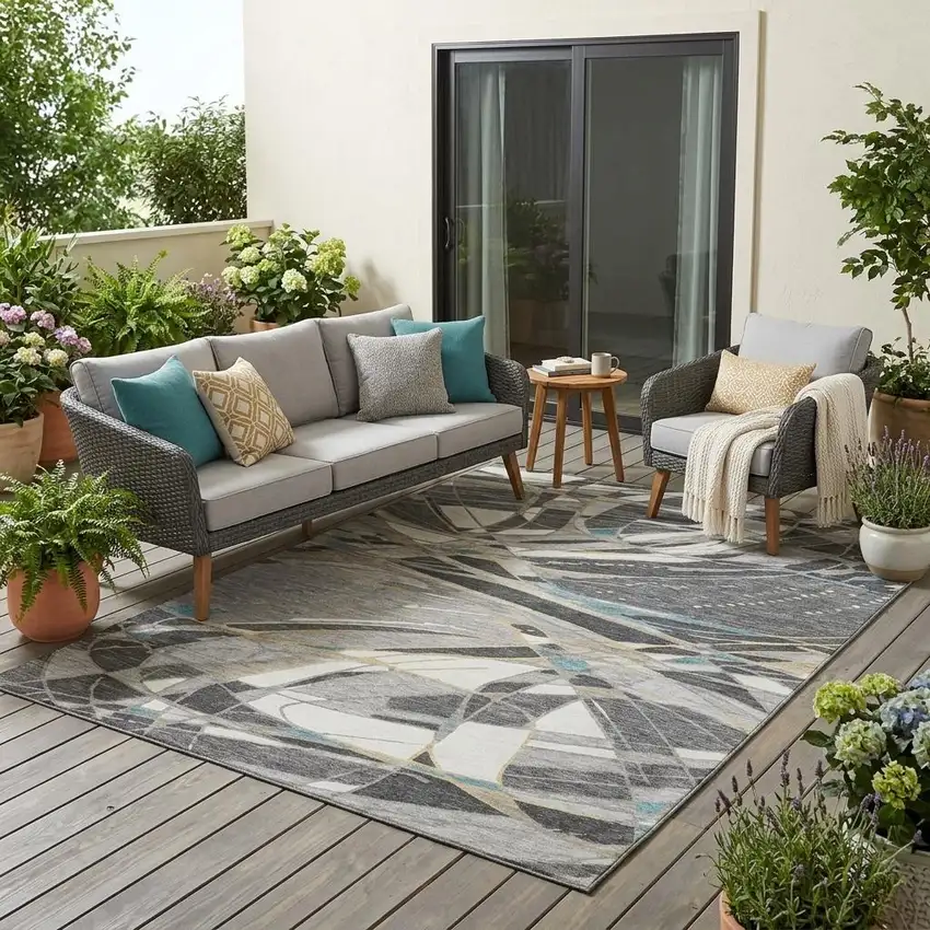 Gray And Graphite Abstract Washable Indoor Outdoor Area Rug Photo 1