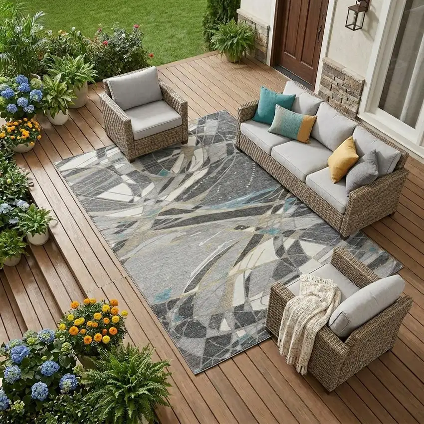 Gray And Graphite Abstract Washable Indoor Outdoor Area Rug Photo 1