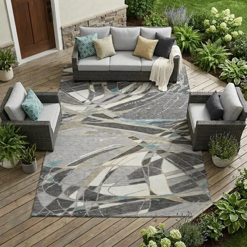 Gray And Graphite Abstract Washable Indoor Outdoor Area Rug Photo 1