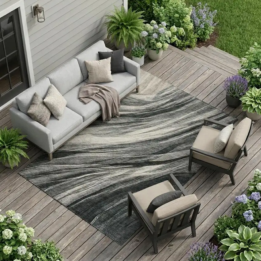 Gray And Graphite Abstract Washable Indoor Outdoor Area Rug Photo 1