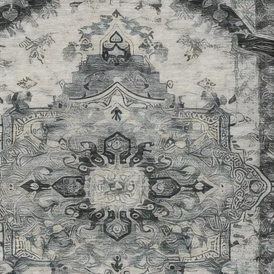 Gray And Graphite Floral Medallion Washable Indoor Outdoor Area Rug Photo 1