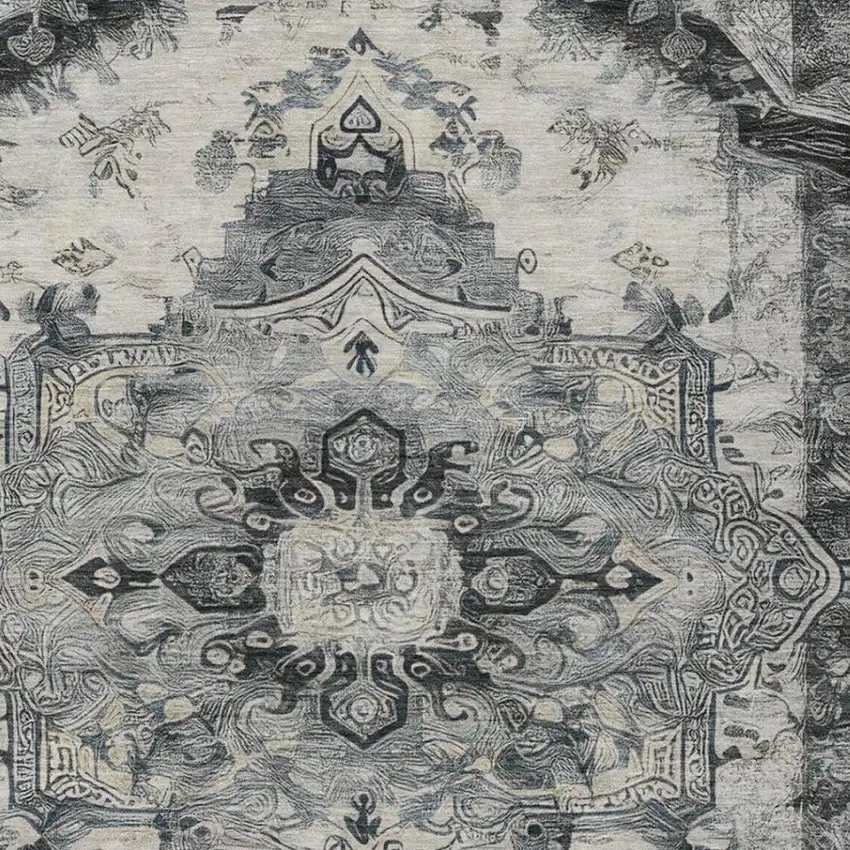 Gray And Graphite Floral Medallion Washable Indoor Outdoor Area Rug Photo 1