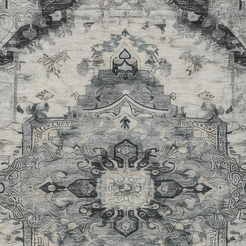 Gray And Graphite Floral Medallion Washable Indoor Outdoor Area Rug Photo 9