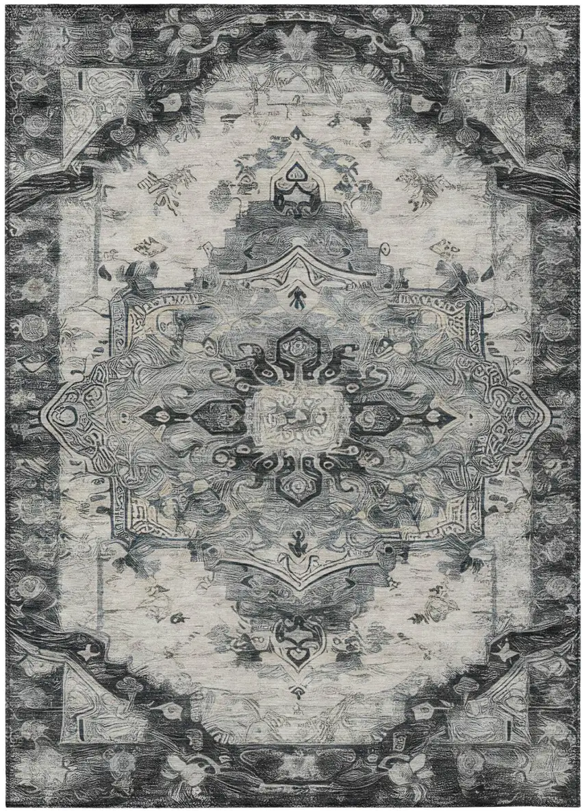 Gray And Graphite Floral Medallion Washable Indoor Outdoor Area Rug Photo 3