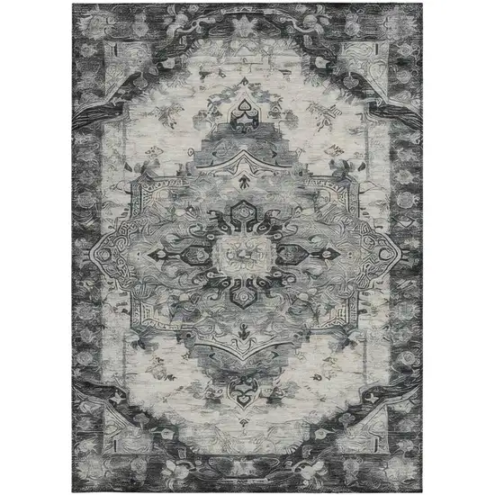 Gray And Graphite Floral Medallion Washable Indoor Outdoor Area Rug Photo 2