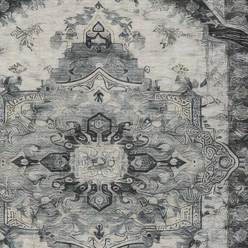 Gray And Graphite Floral Medallion Washable Indoor Outdoor Area Rug Photo 4