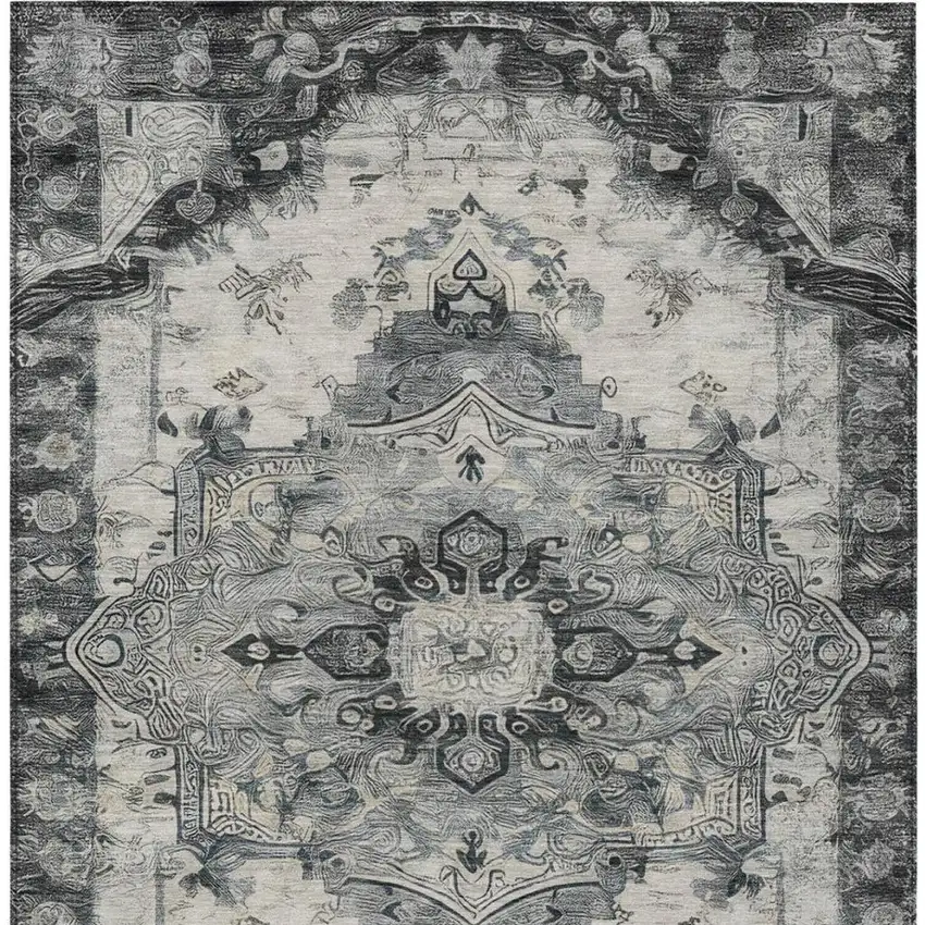 Gray And Graphite Floral Medallion Washable Indoor Outdoor Area Rug Photo 7