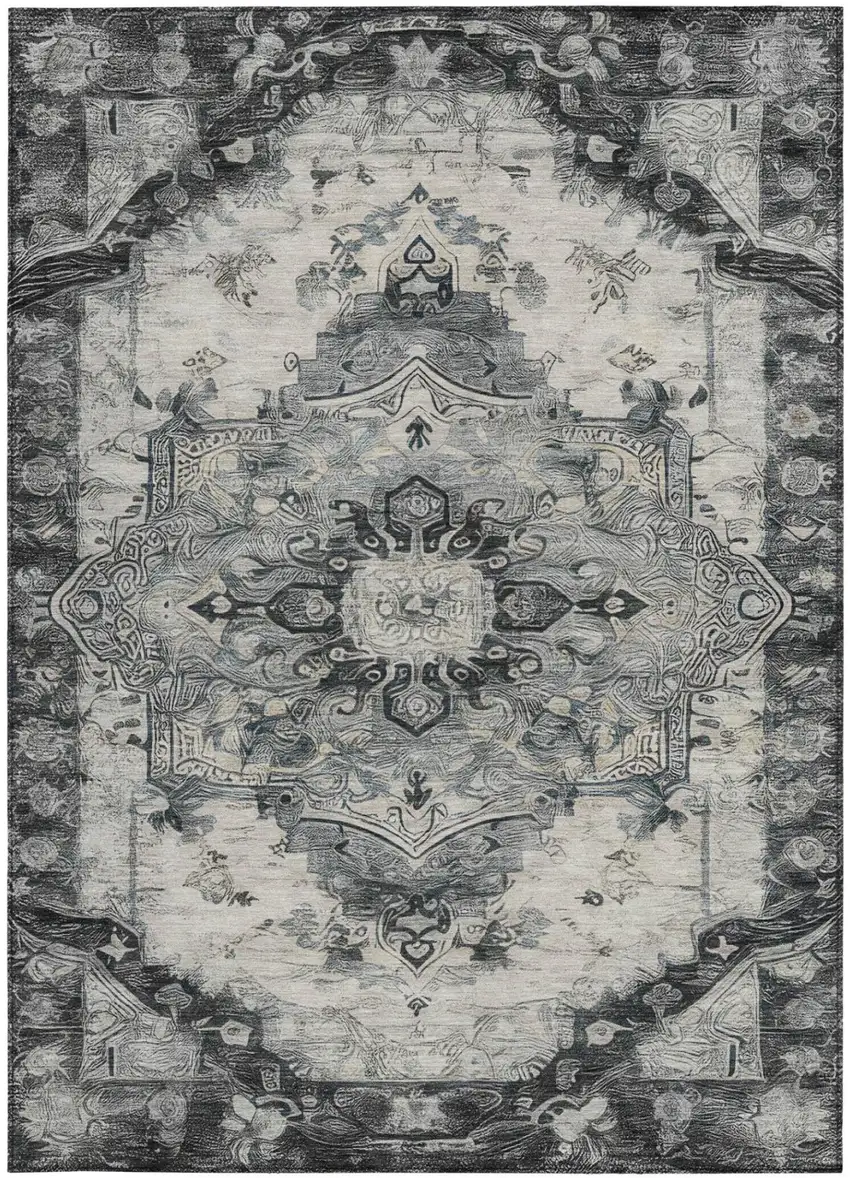 Gray And Graphite Floral Medallion Washable Indoor Outdoor Area Rug Photo 2