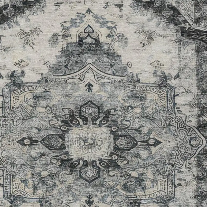 Gray And Graphite Floral Medallion Washable Indoor Outdoor Area Rug Photo 6
