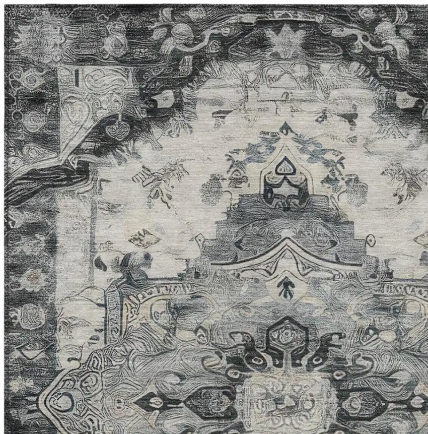 Gray And Graphite Floral Medallion Washable Indoor Outdoor Area Rug Photo 9