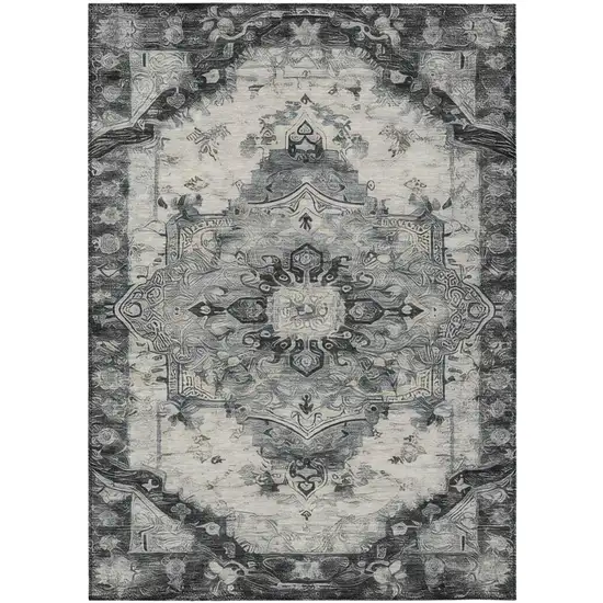 Gray And Graphite Floral Medallion Washable Indoor Outdoor Area Rug Photo 3