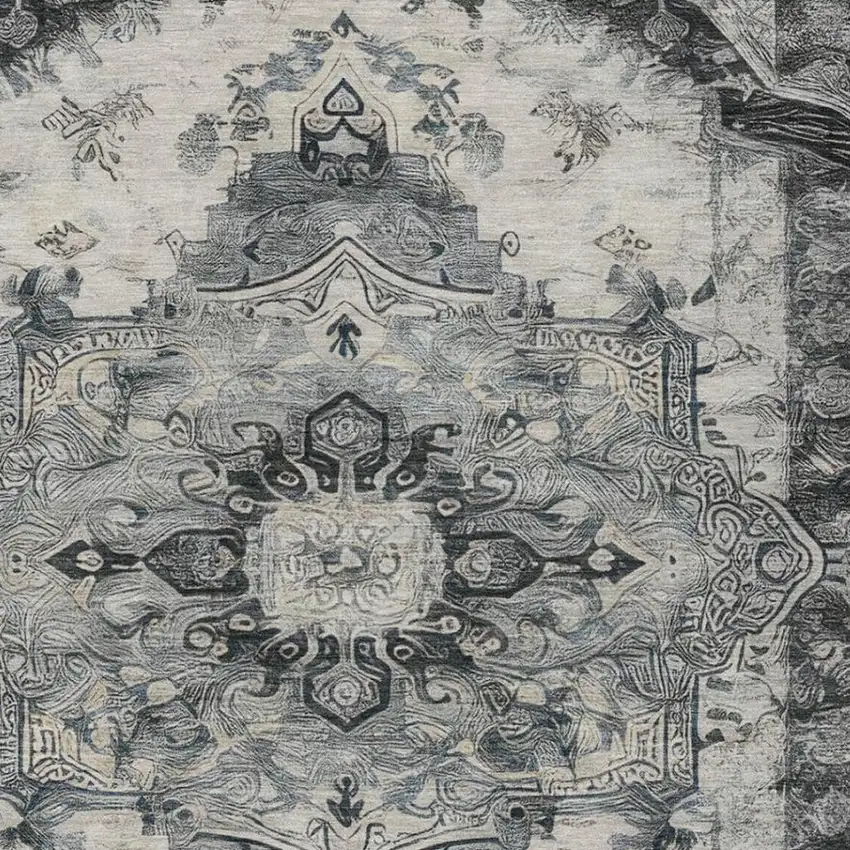 Gray And Graphite Floral Medallion Washable Indoor Outdoor Area Rug Photo 1