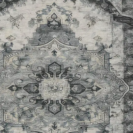 Gray And Graphite Floral Medallion Washable Indoor Outdoor Area Rug Photo 5