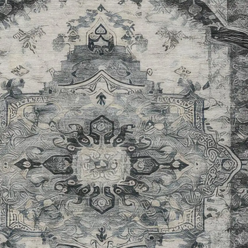 Gray And Graphite Floral Medallion Washable Indoor Outdoor Area Rug Photo 5