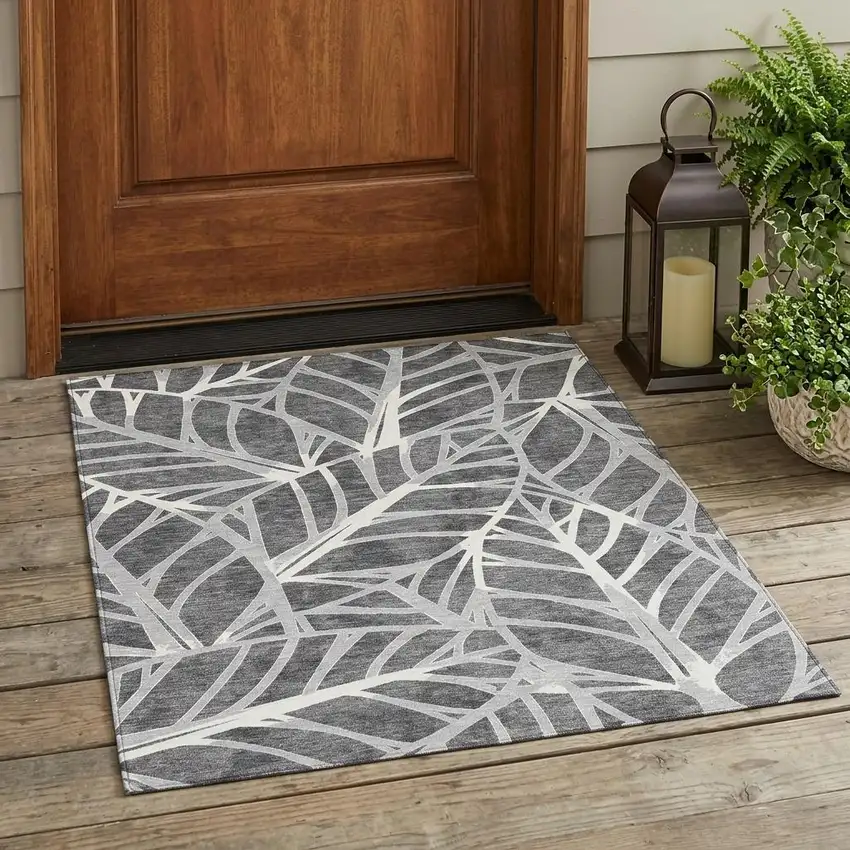 Gray And Graphite Floral Washable Indoor Outdoor Area Rug Photo 1