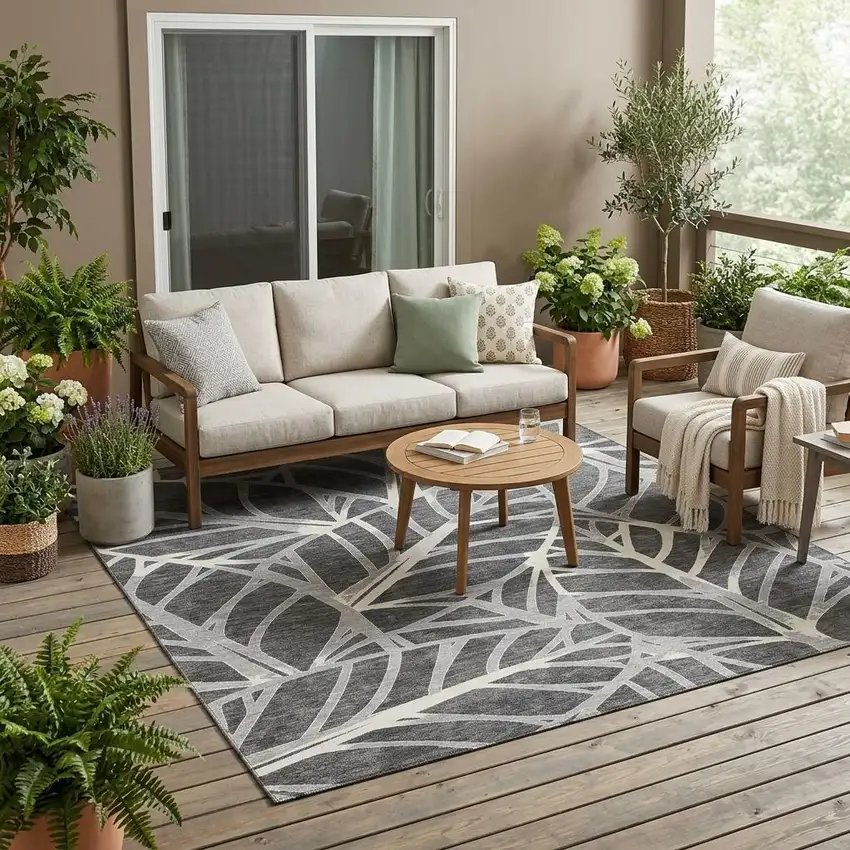 Gray And Graphite Floral Washable Indoor Outdoor Area Rug Photo 1
